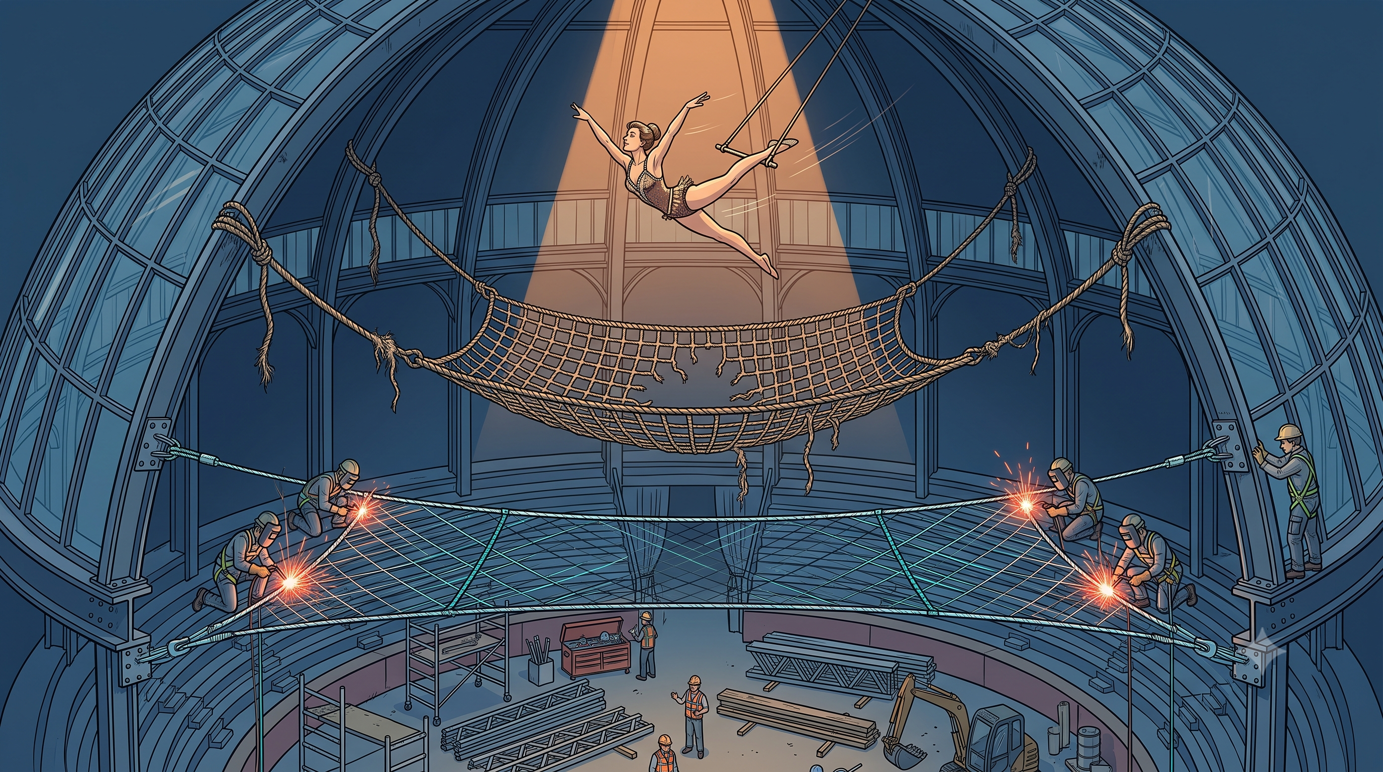 A trapeze artist swings high above a circus dome while the old rope safety net below her hangs torn and frayed, and engineers weld a new net of steel cables directly into the building